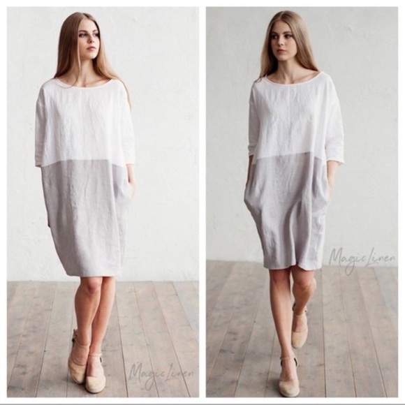 Magic Linen Adria White and Natural 100% linen dress size small - Picture 3 of 12